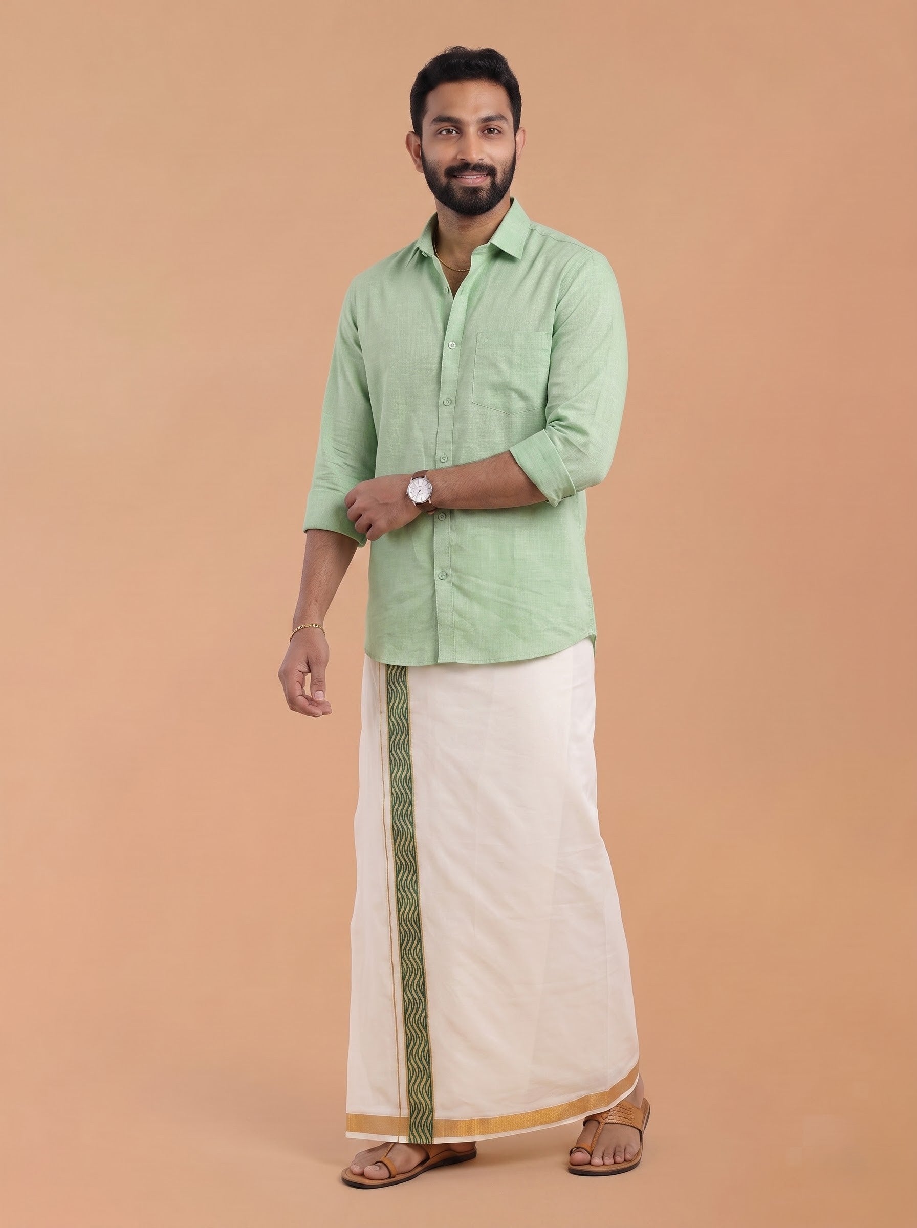 Double Layer Kora Cotton Cream Dhoti with Colour Border - HF Gold HFG02