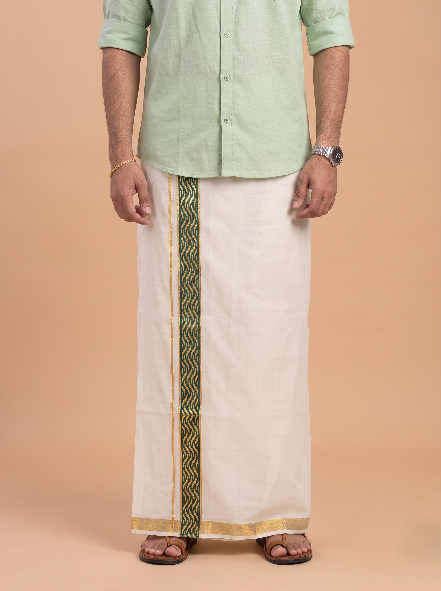 Double Layer Kora Cotton Cream Dhoti with Colour Border - HF Gold HFG02
