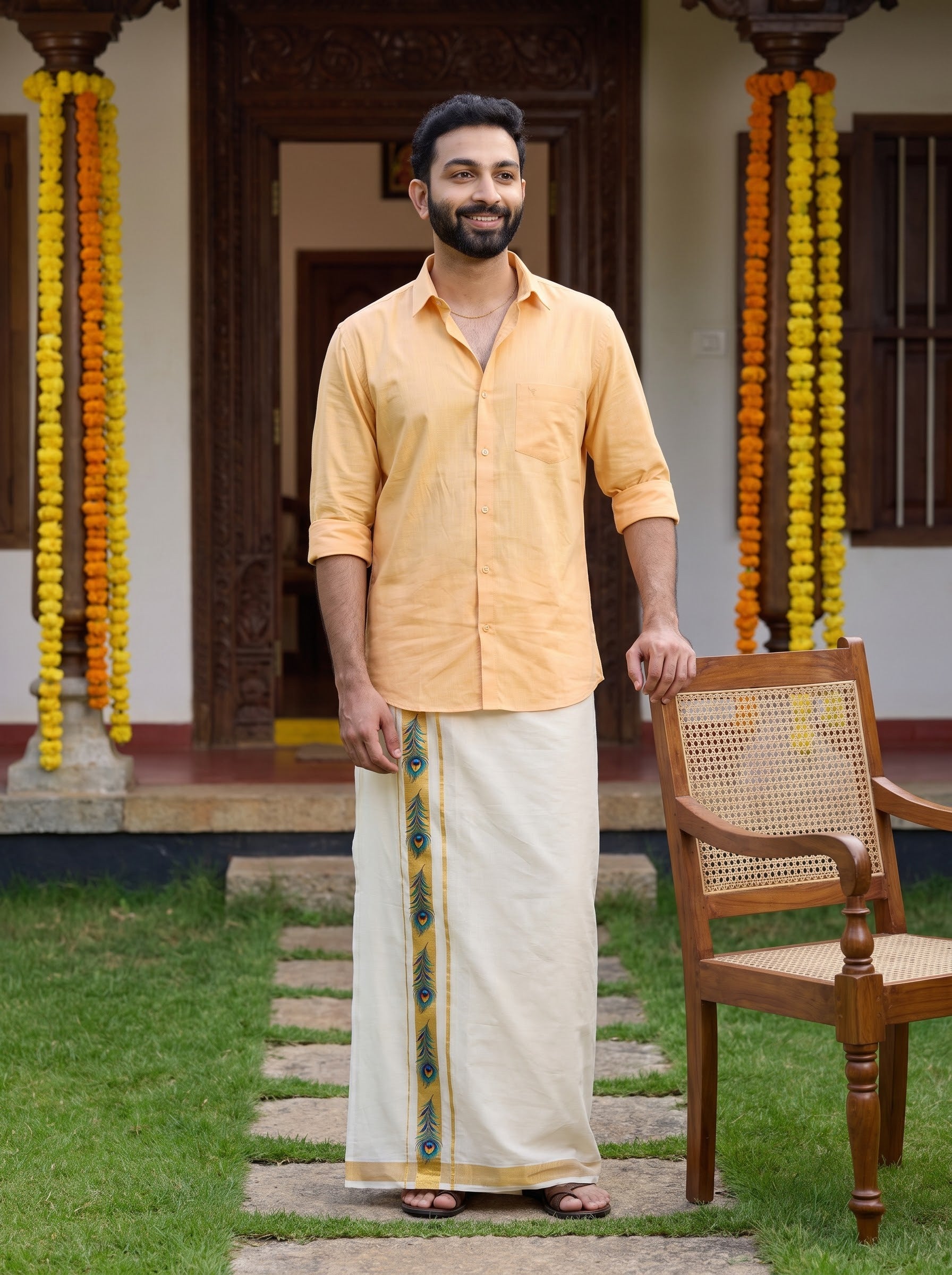 Double Layer Kora Cotton Cream Dhoti with Colour Border - HF Gold HFG03