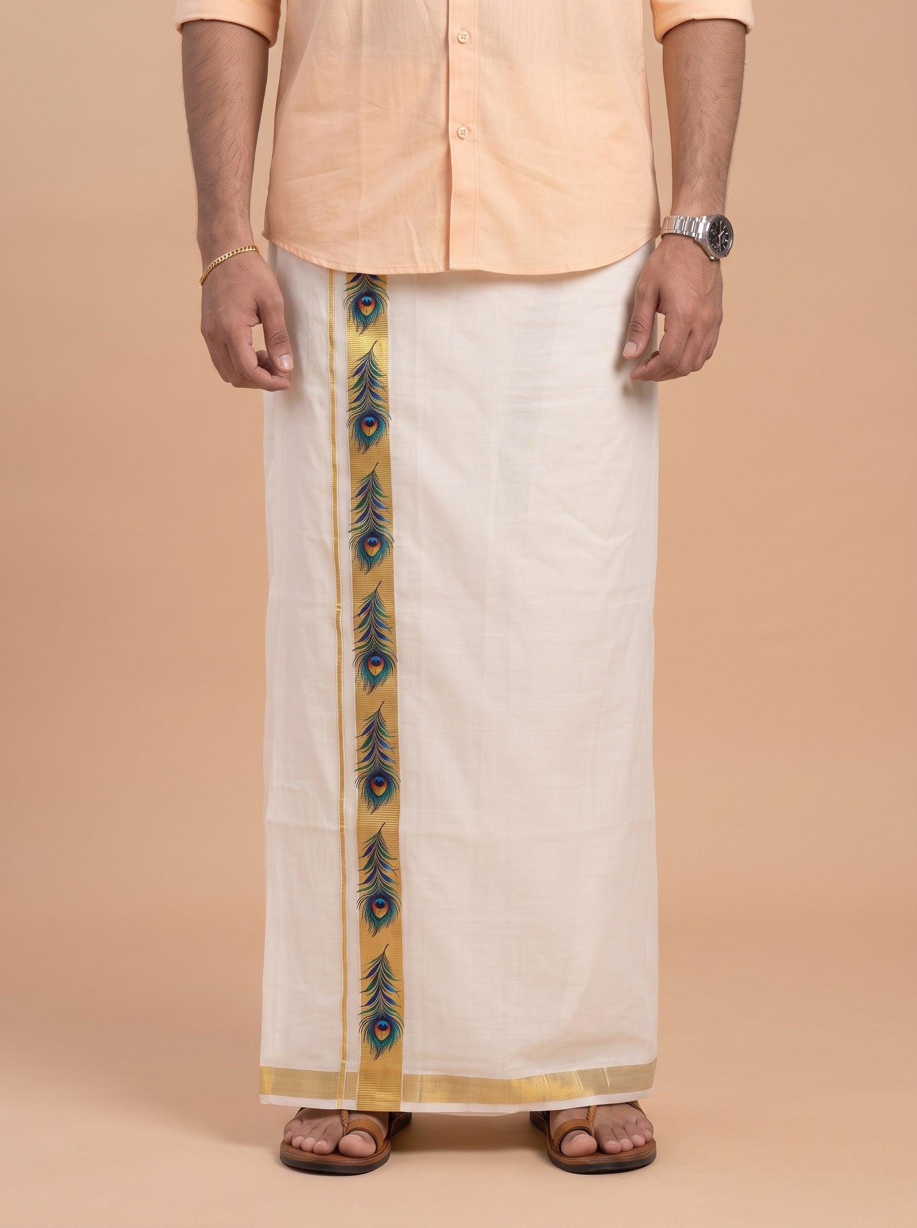 Double Layer Kora Cotton Cream Dhoti with Colour Border - HF Gold HFG03