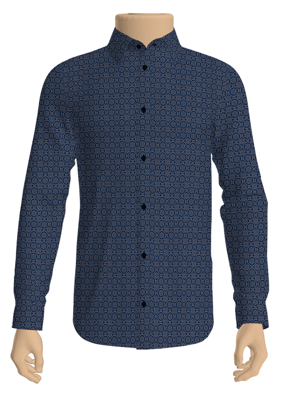 100% Cotton Navy with Sandal Flower Printed Shirt Fabric Alpha