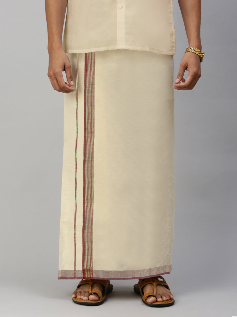 Mens Regular Single Tissue Dhoti with Brown Jari Border Clever Fancy