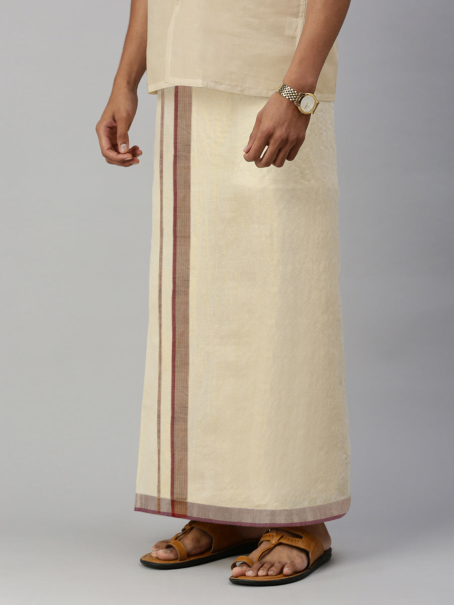 Mens Regular Single Tissue Dhoti with Brown Jari Border Clever Fancy-Side view