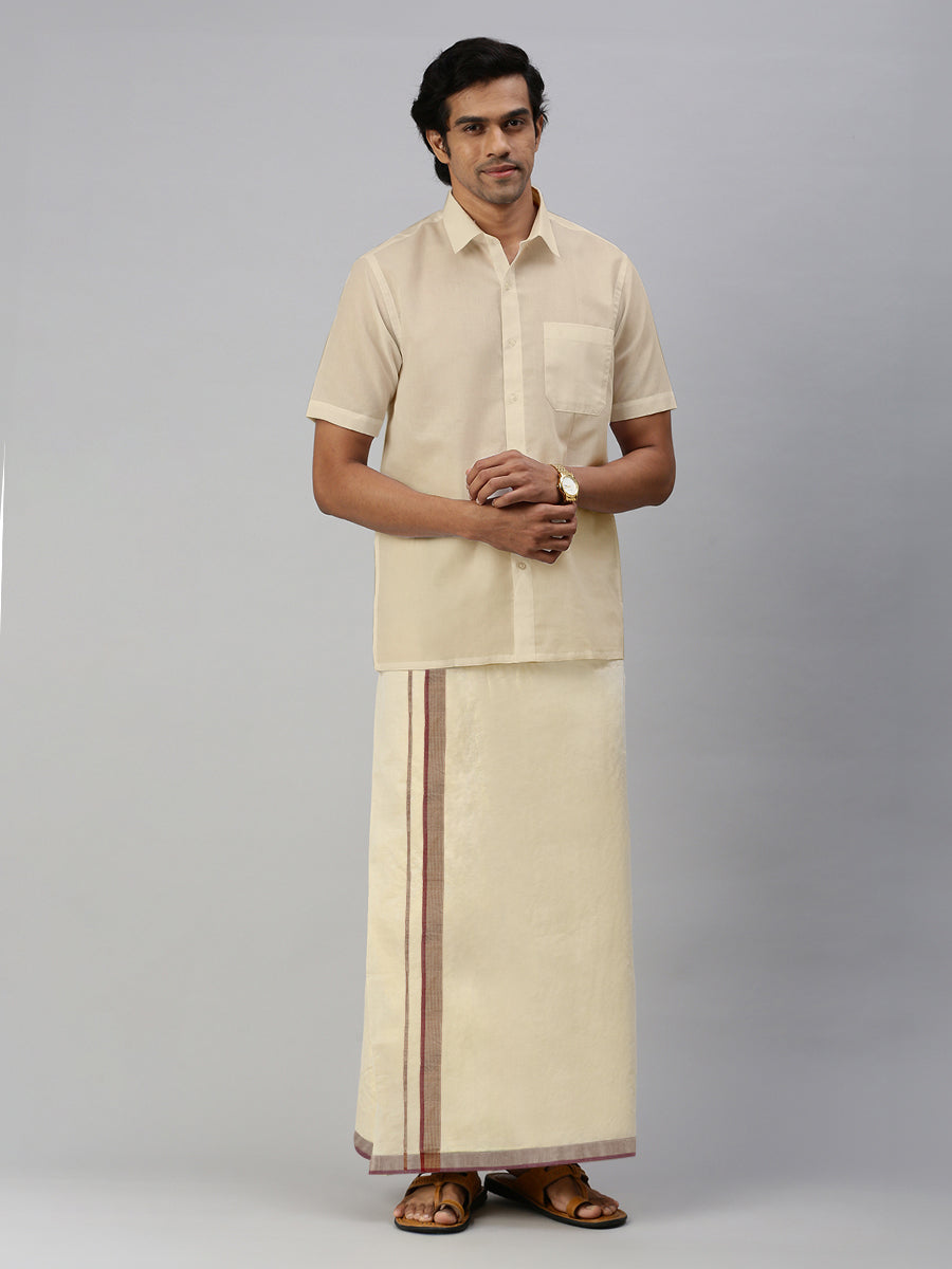 Mens Regular Single Tissue Dhoti with Brown Jari Border Clever Fancy-Full view