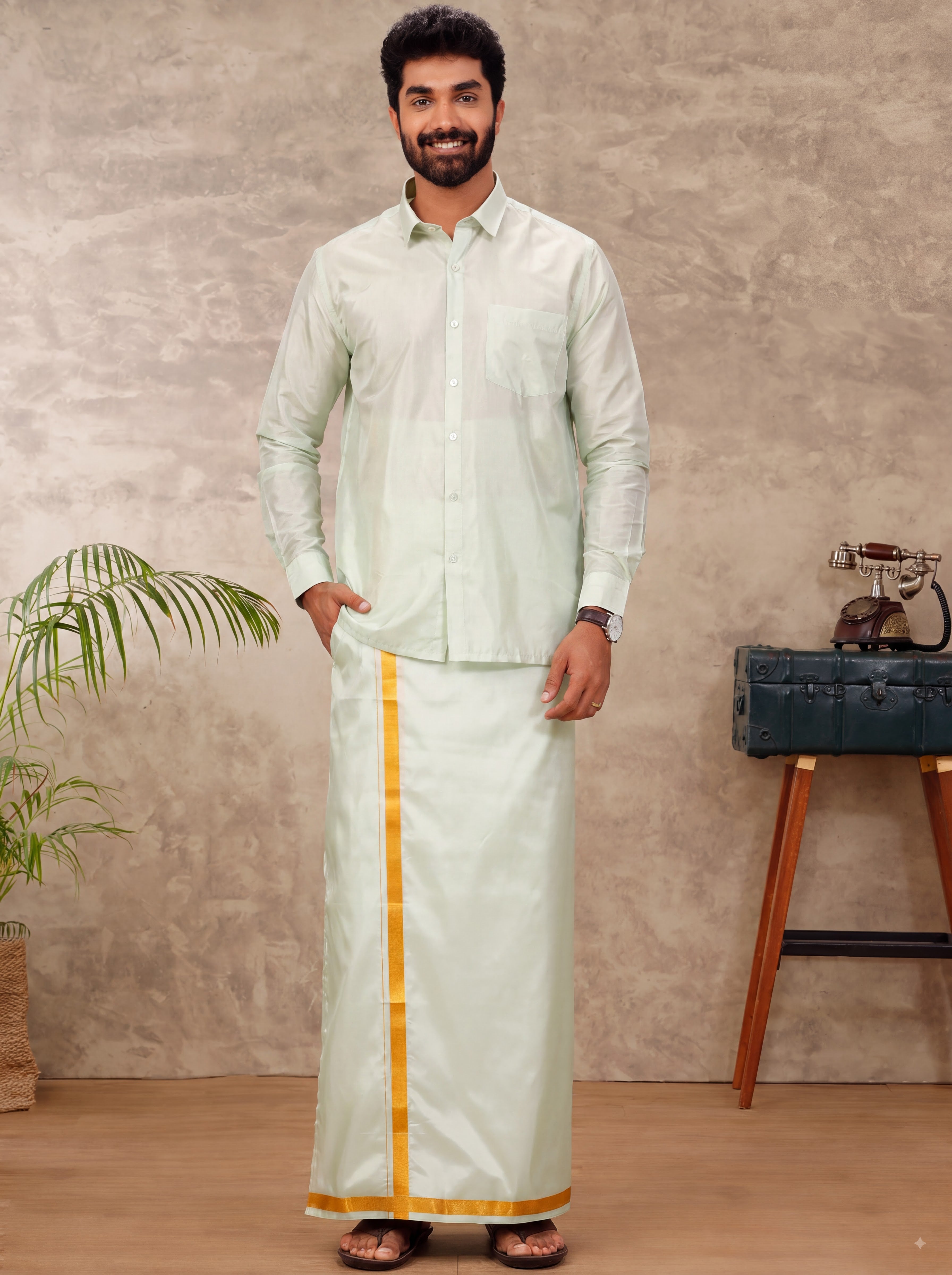 Art Silk Marine Green Readymade Dhoti & Shirt Set