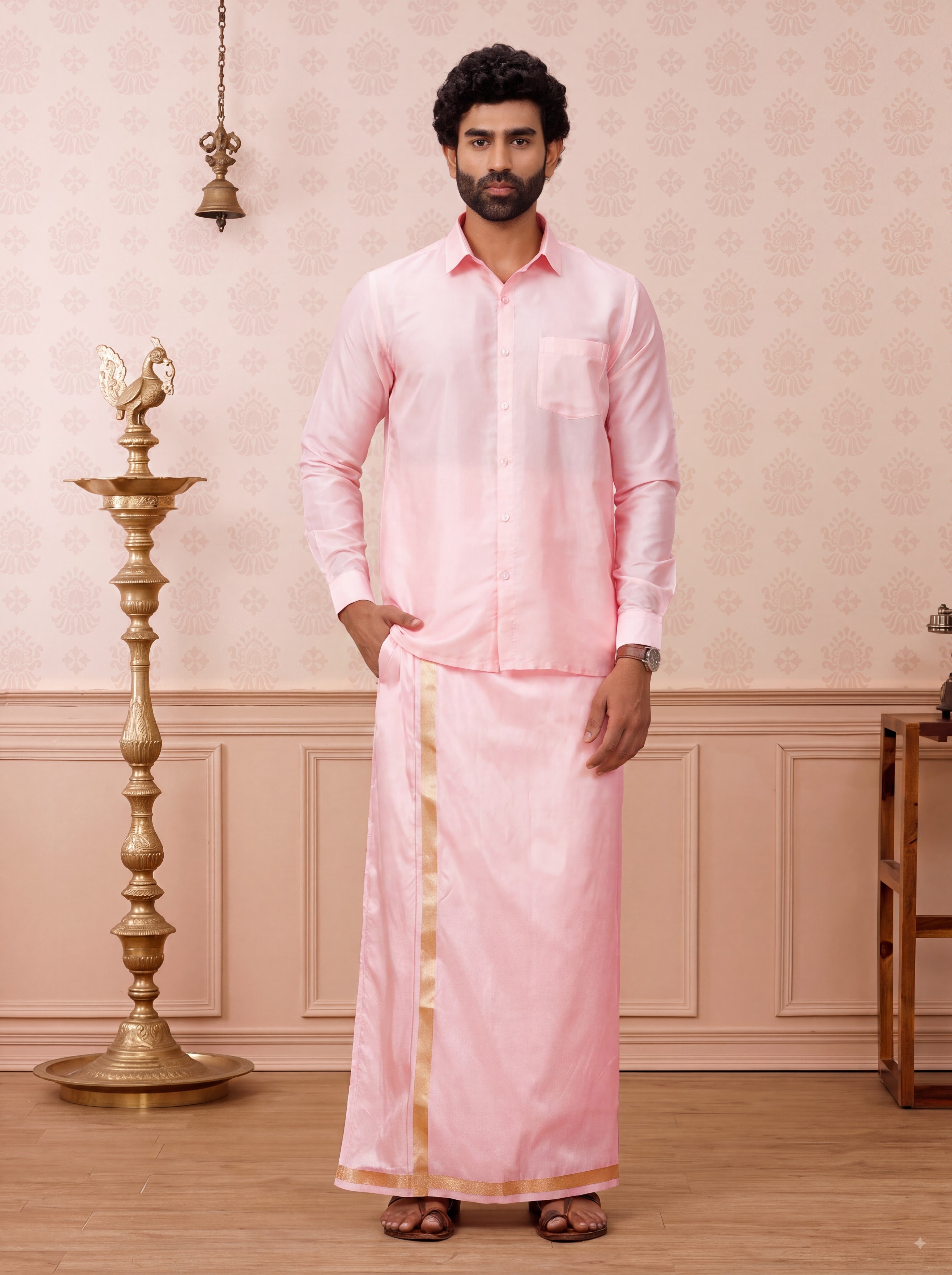 Art Silk Petal Pink Shirt & Dhoti Set
