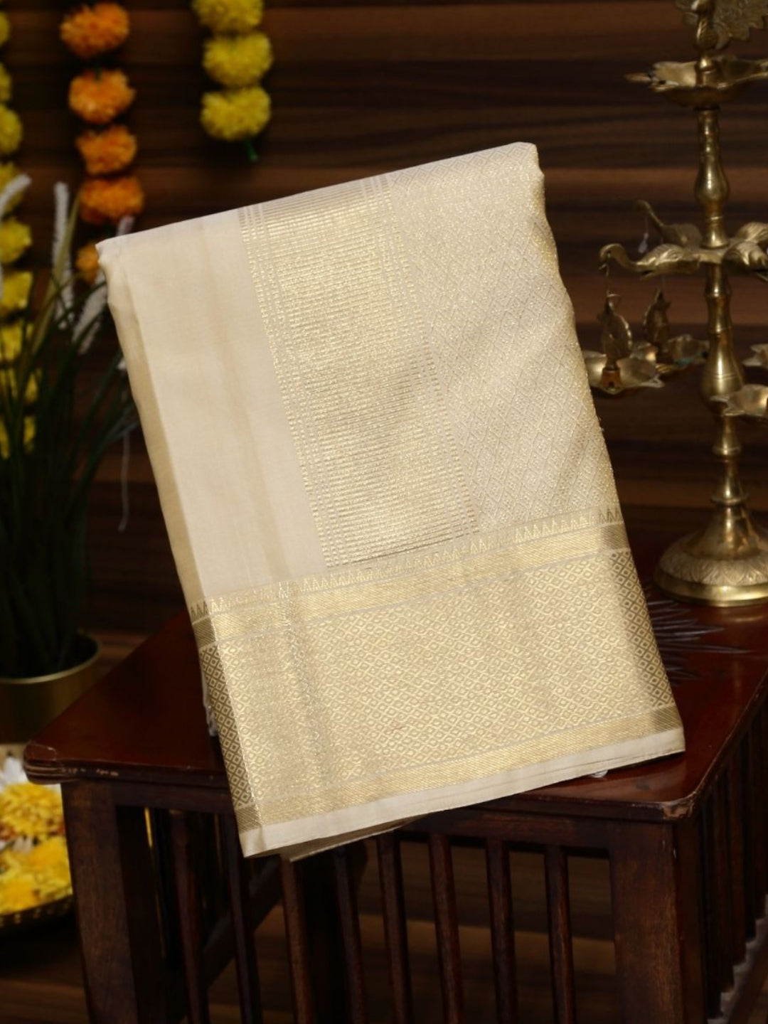 Men Premium Pure Silk Dhoti and Towel Set with 2-gram Gold Jari Virutcham