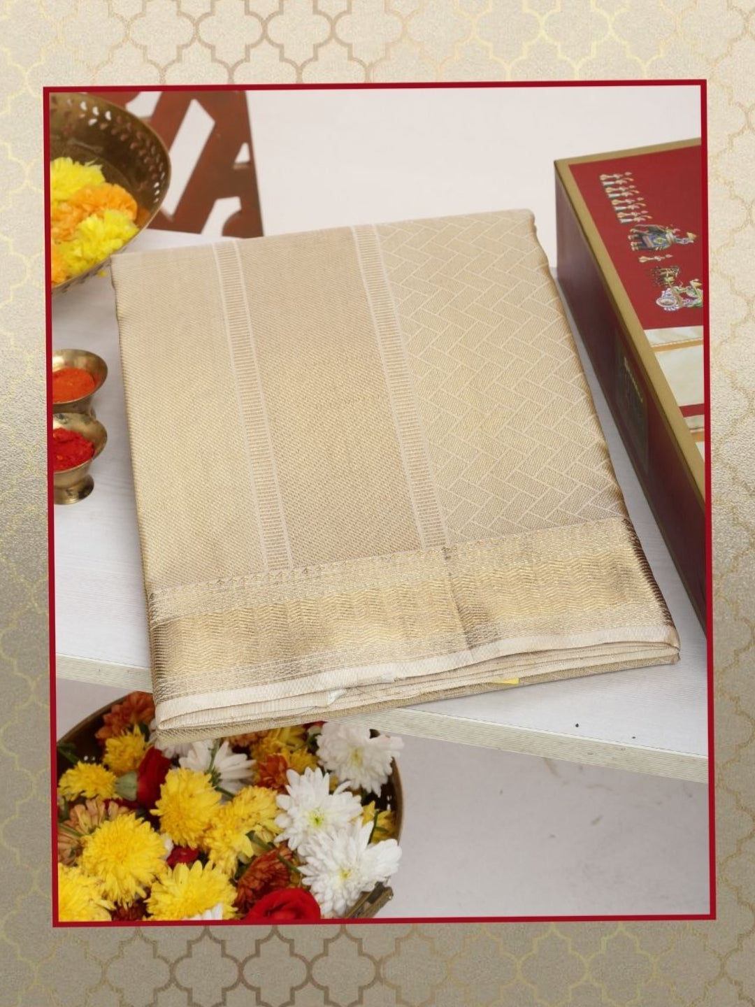 Men Premium Pure Silk Dhoti and Towel Set with 2-gram Gold Jari Amirtham