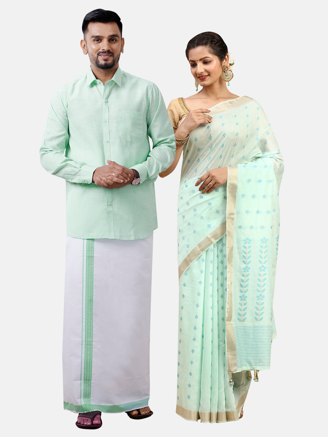 Couple Combo Green Shirt Dhoti Set With Semi Linen Saree SL153