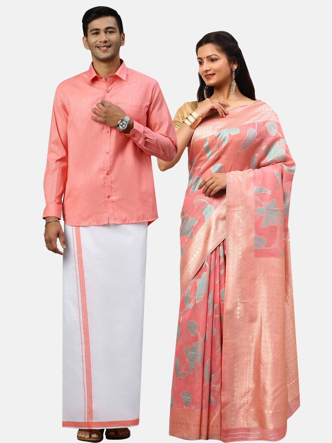 Couple Combo Pink Shirt Dhoti Set With Semi Linen Saree SL135