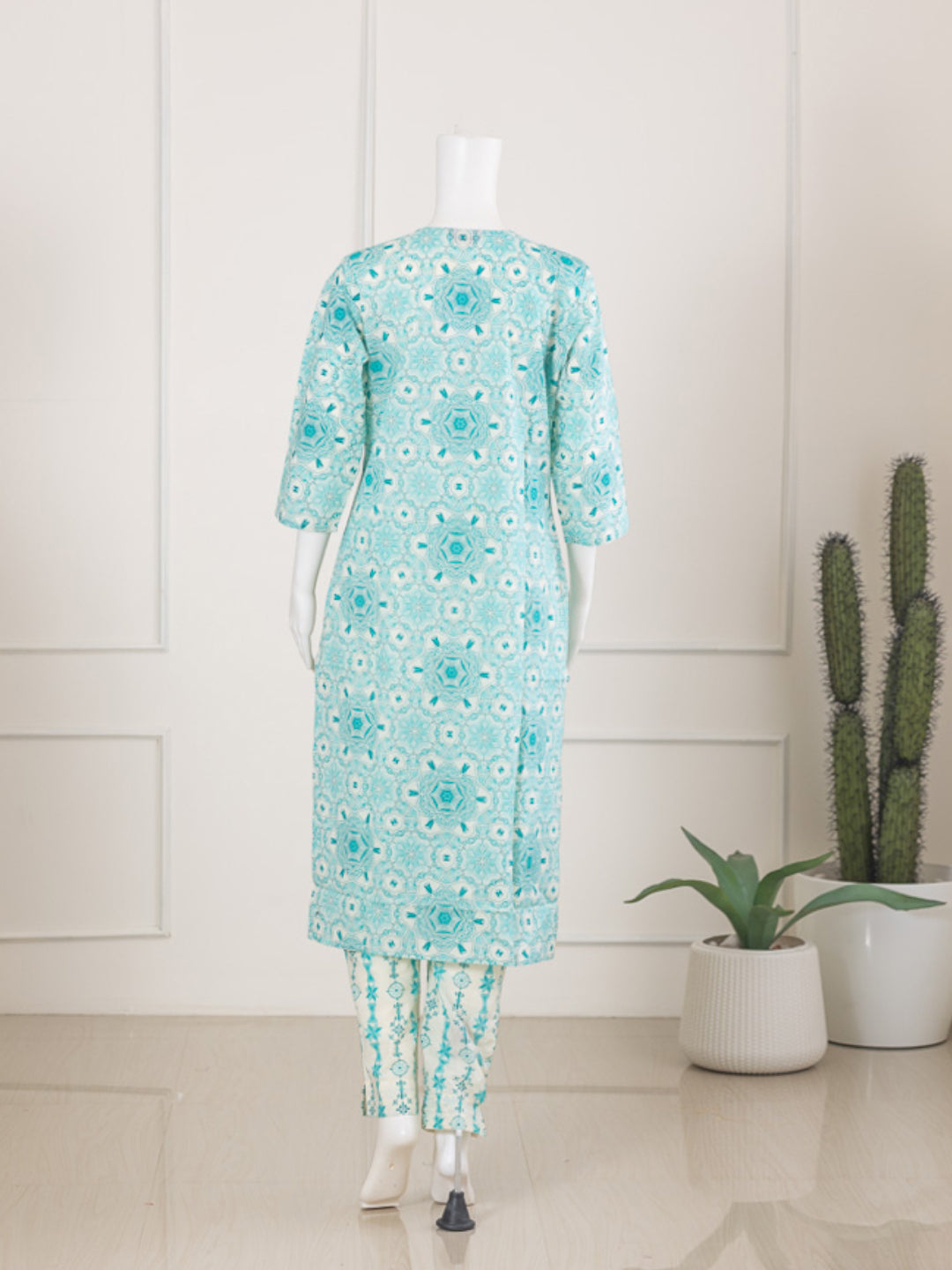Women Blue Cotton Kurti Set EKS67