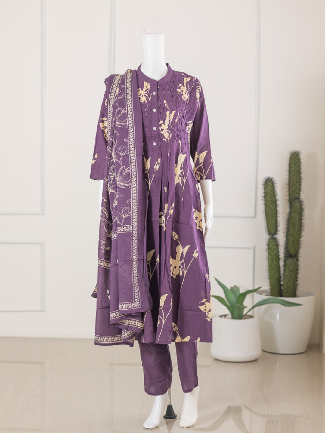Women Purple Cotton Kurti Set EKS58