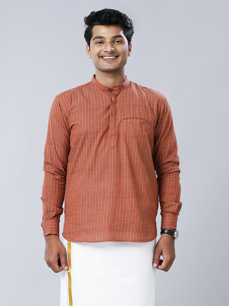 Mens Cotton Brown Striped Short Length Kurta RA16