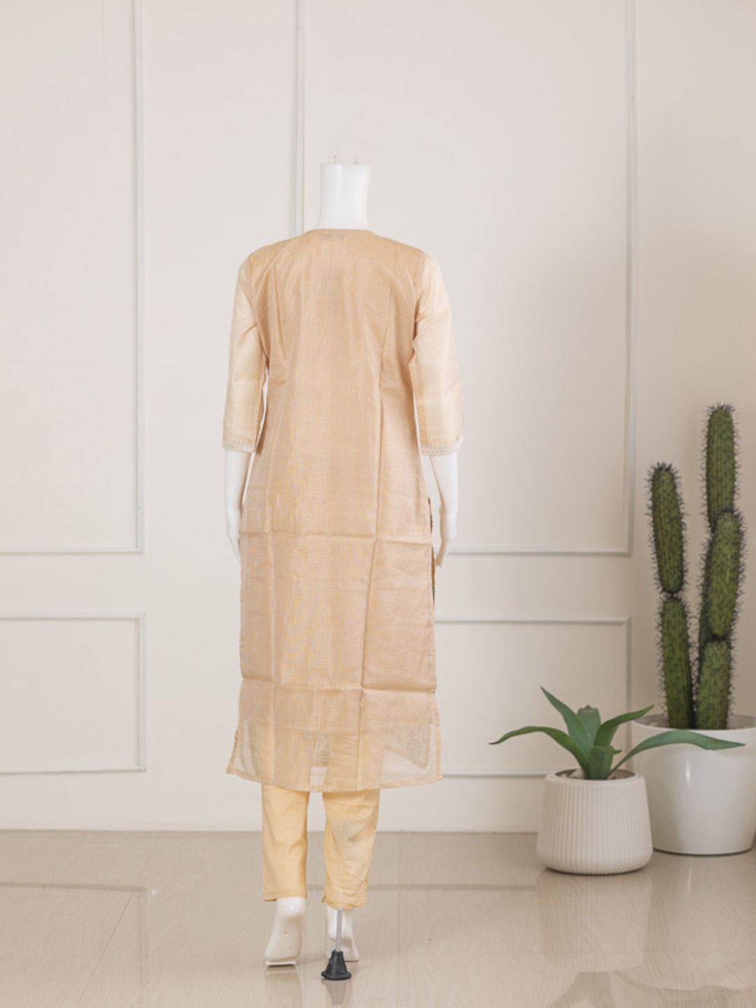 Women Beige Cotton Kurti Set EKS62