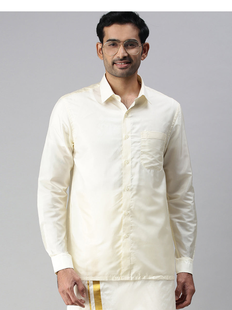 Mens Pure Silk Cream Shirt Full Sleeves with Dhoti Combo Silk Mark-Front view