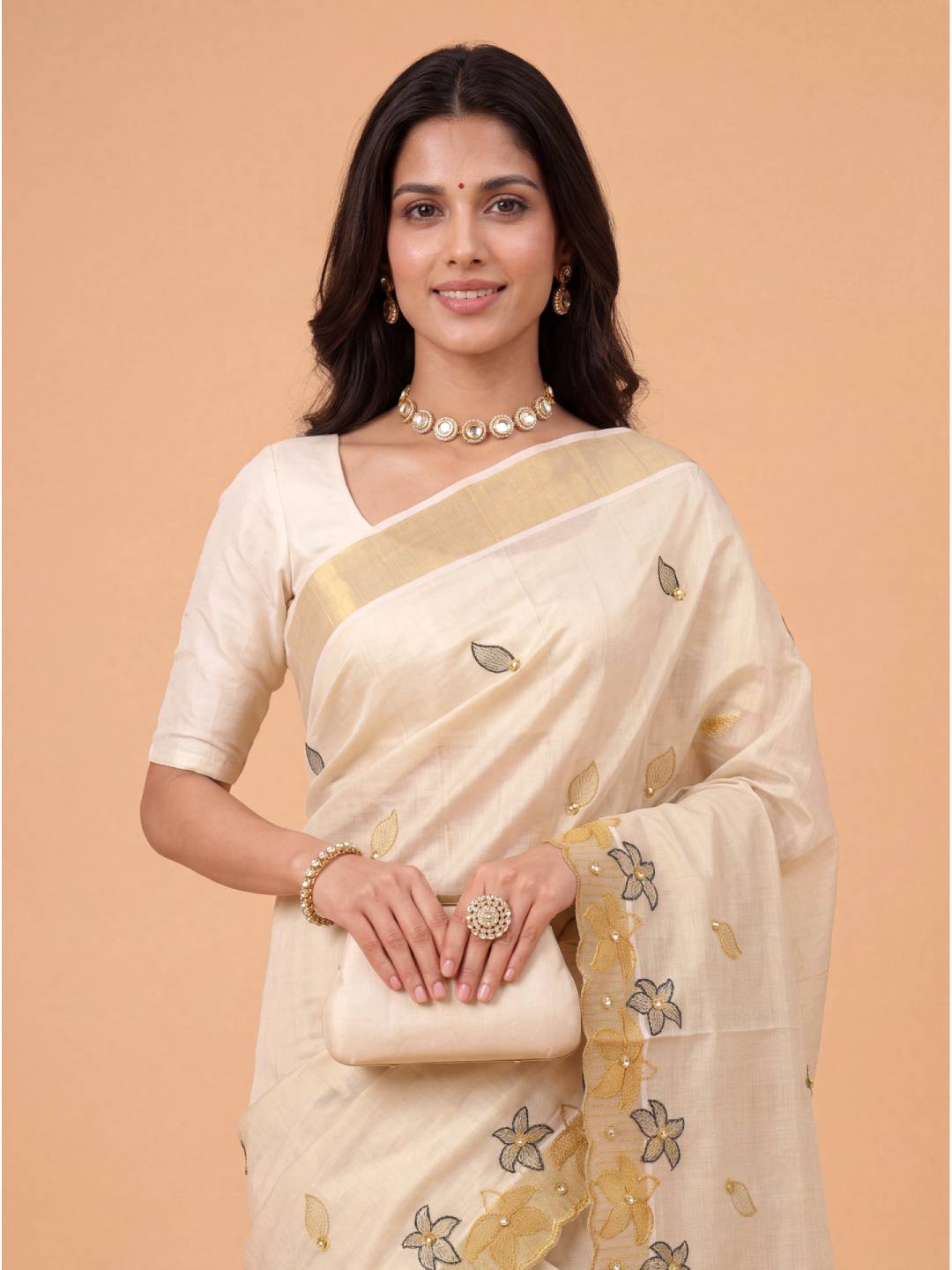 Women Tissue Gold Embroidered Saree KLS48