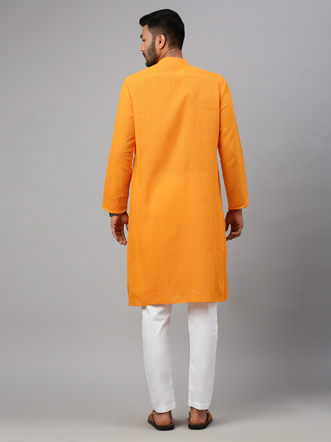 Mens Cotton Orange Yellow Striped Full Length Pocket Kurta M5