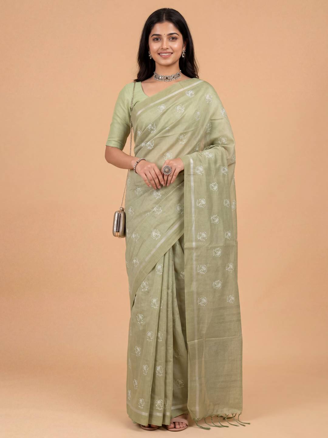 Women Semi Tussar Embroidered Pista Green Saree ST348