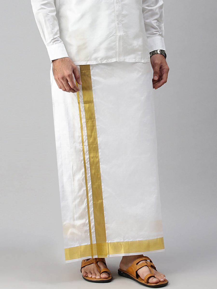 Mens Pure Silk White Double Dhoti with 2" Gold Jari Upasana-Front view