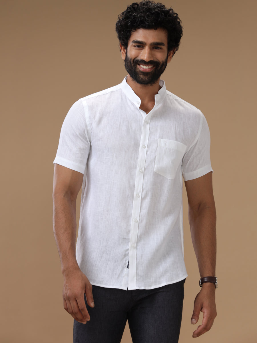 Men Pure Linen Chinese Collar White Shirt 5445