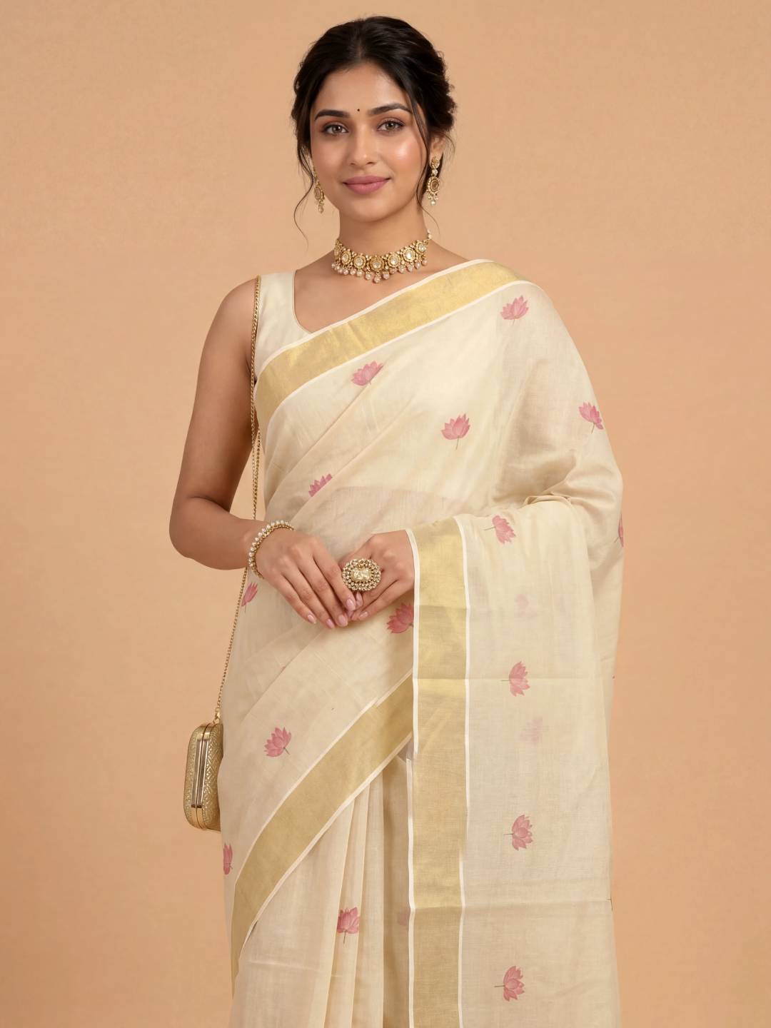 Women Tissue Cream Floral Printed Kerala Saree KLS10