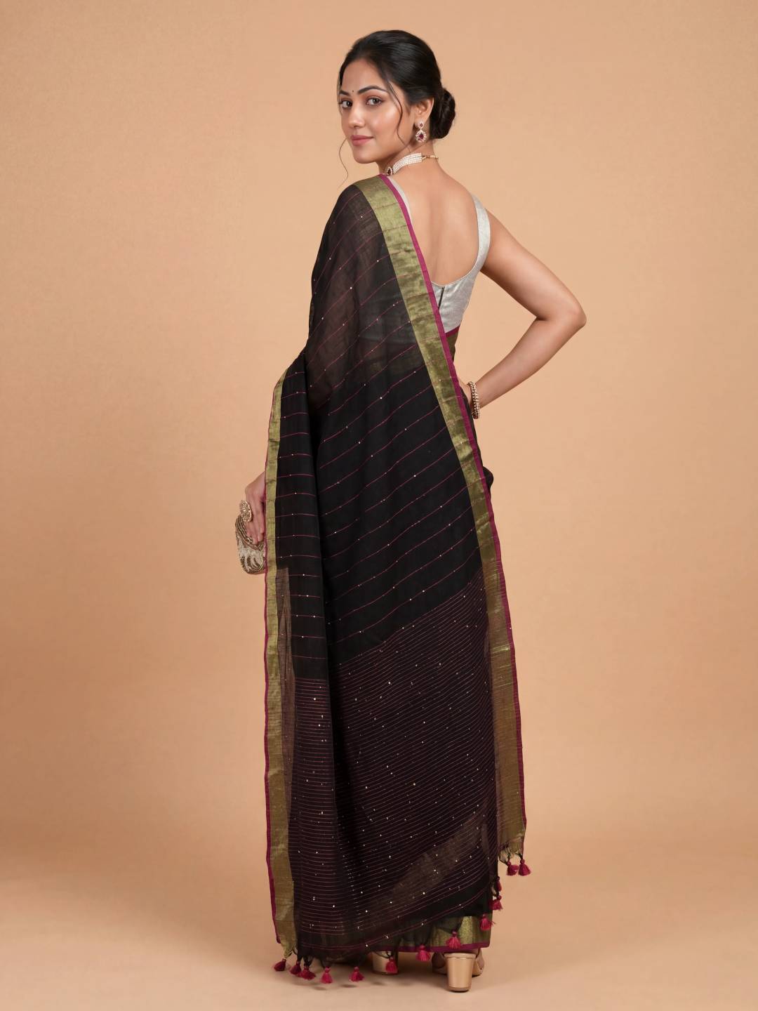 Women Semi Linen Black with Red Saree SL254