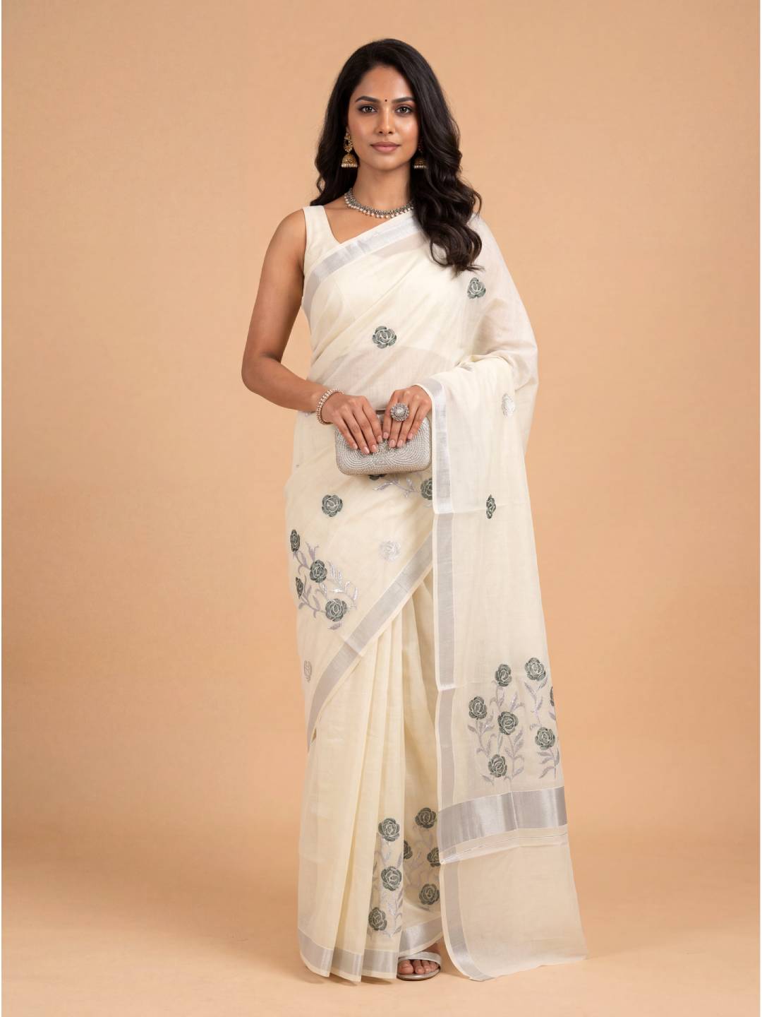 Couple Combo Silver Shirt & Dhoti Set with Saree KLS56