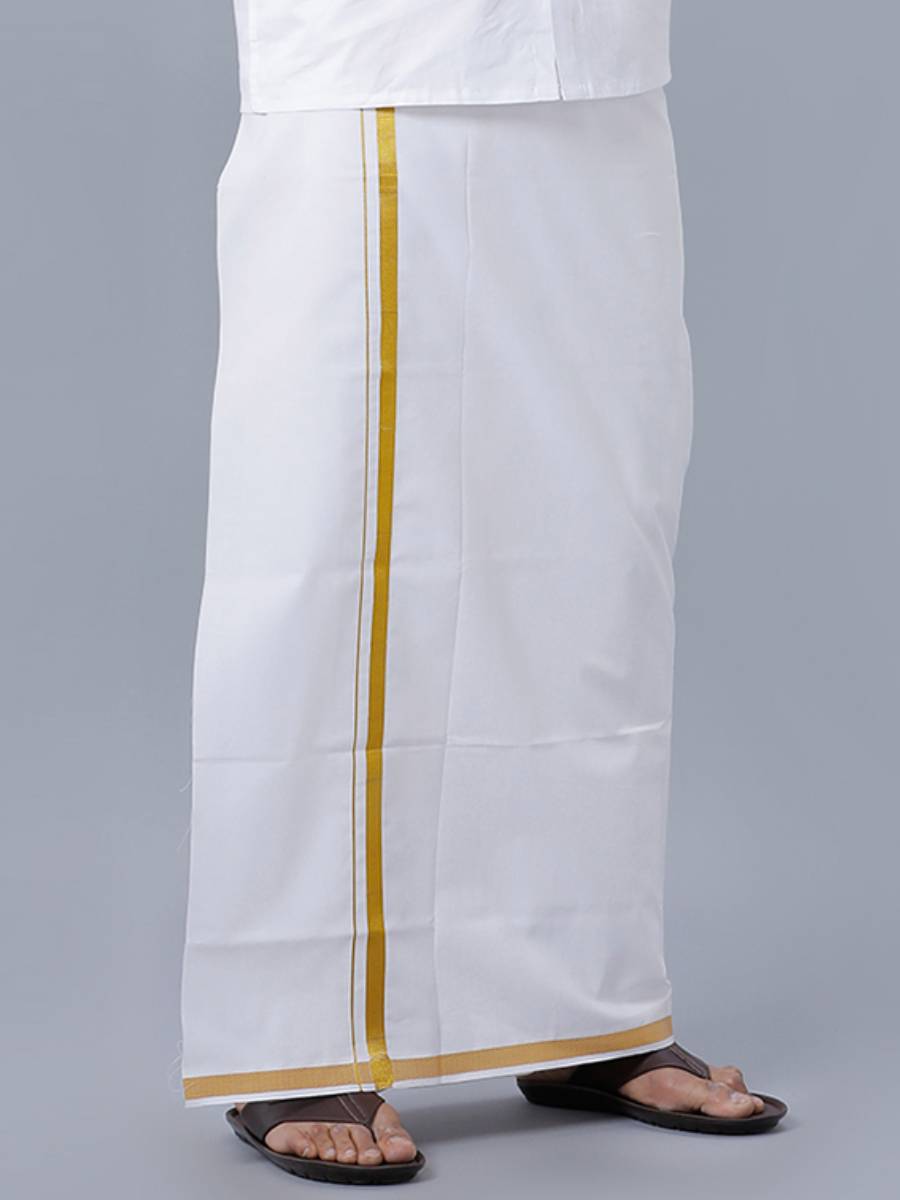 Mens Double Dhoti White with Gold Jari 3/4" Goldsmith-Front view