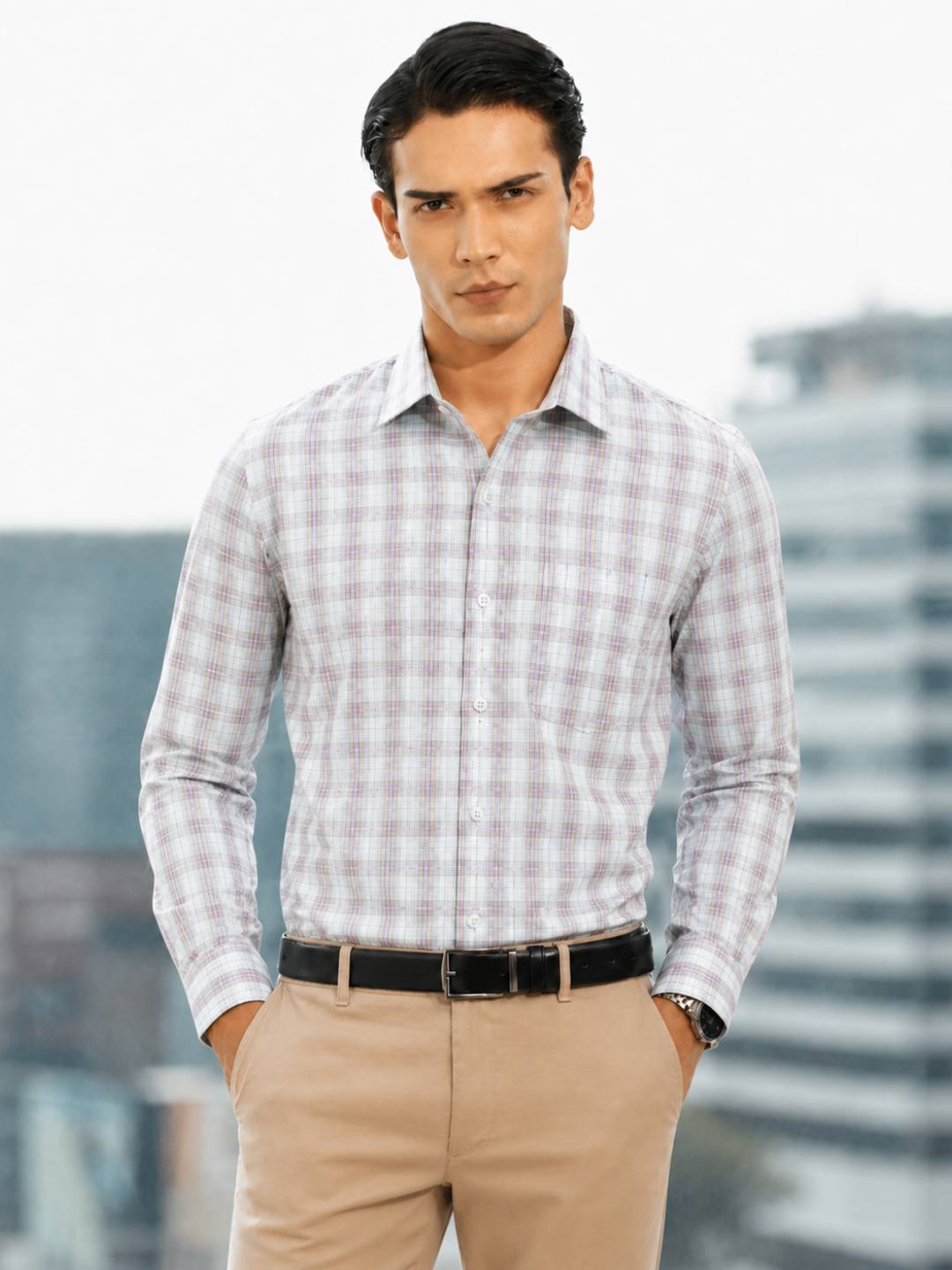 Cotton Dobby Grey with Purple Checked Regular Fit Shirt SRBJ6