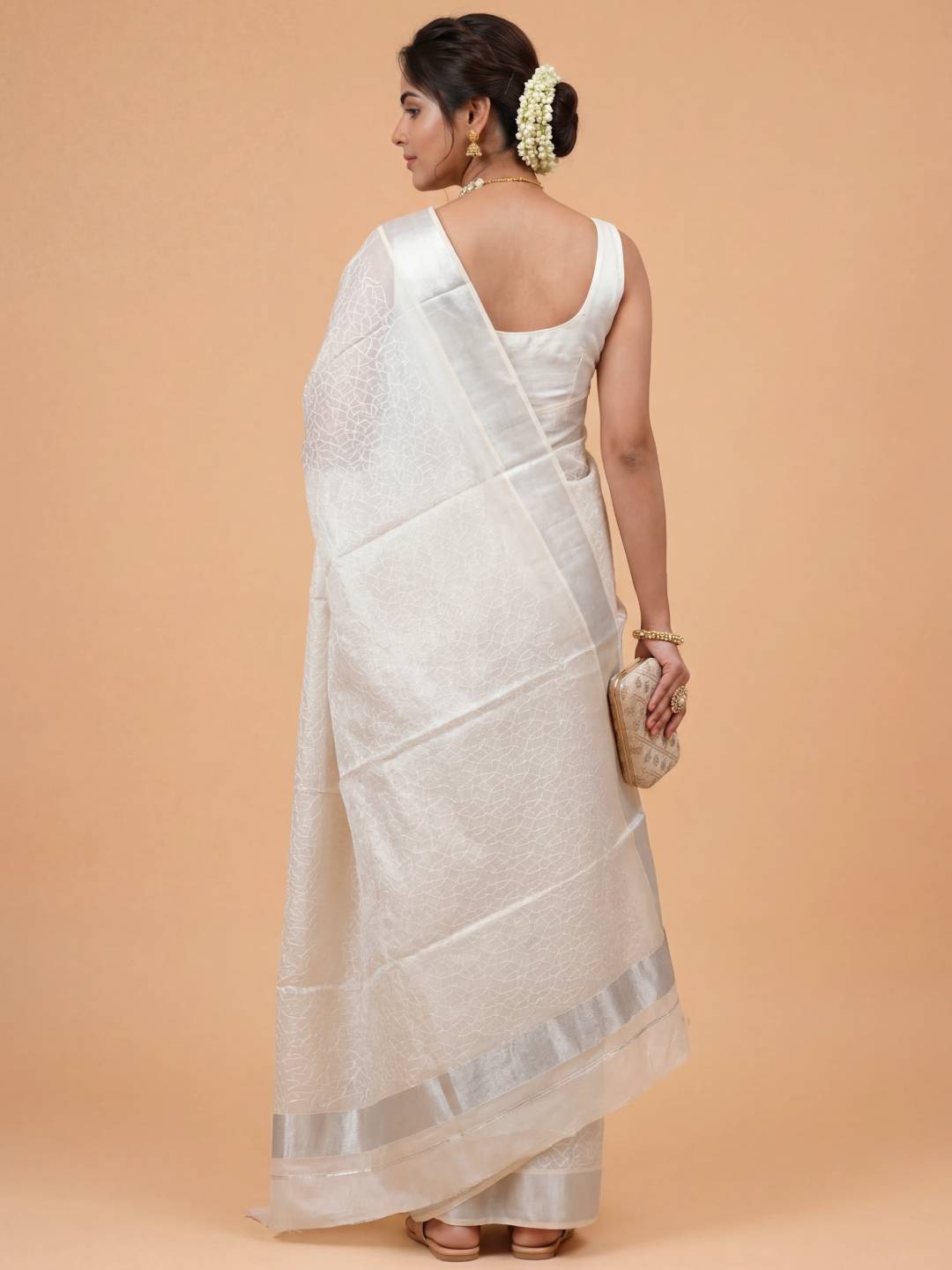 Women Tissue Silver Embroidered Kerala Saree KLS15