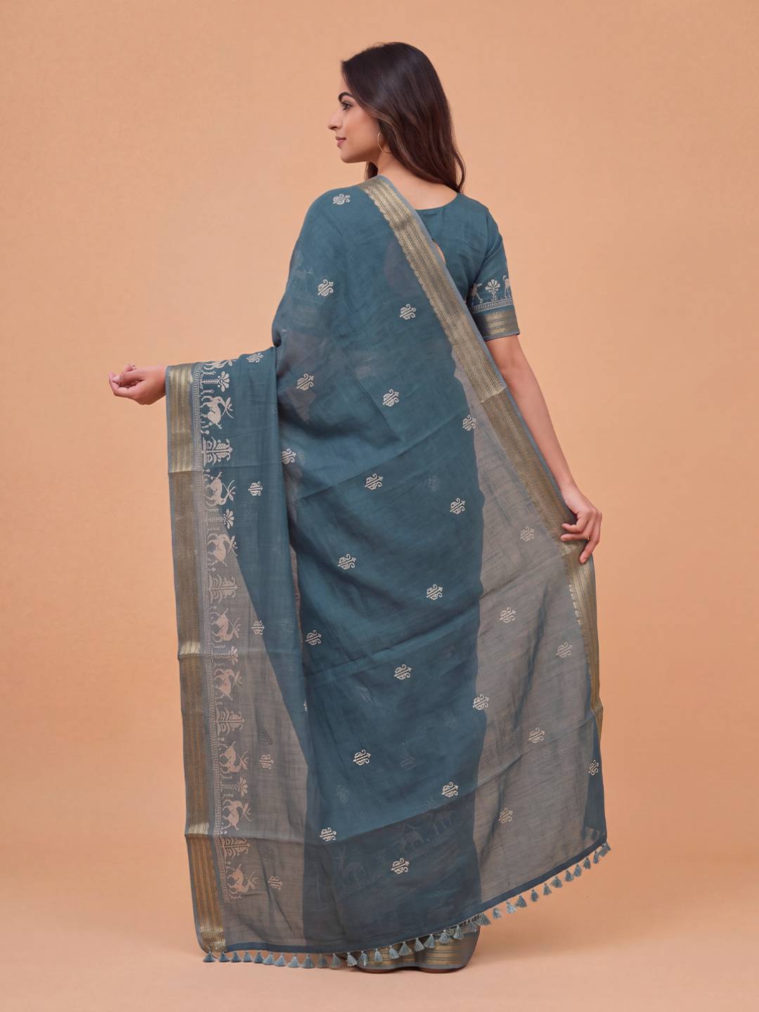Women Semi Linen Peacock Blue Embroidered Saree SL274