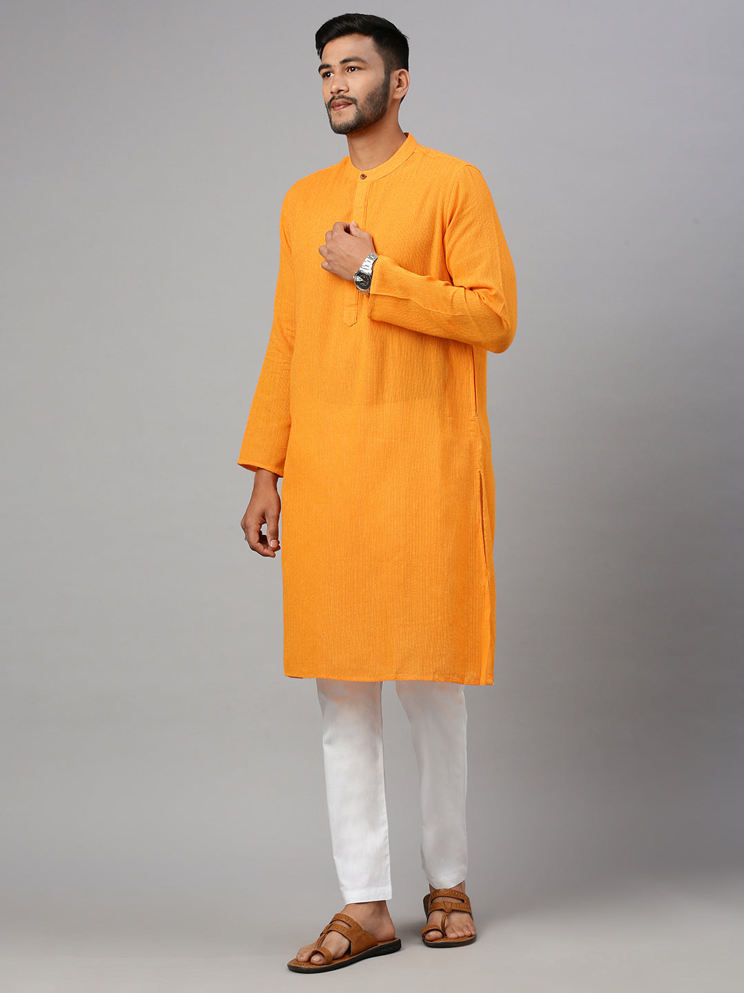 Mens Cotton Orange Yellow Striped Full Length Pocket Kurta M5