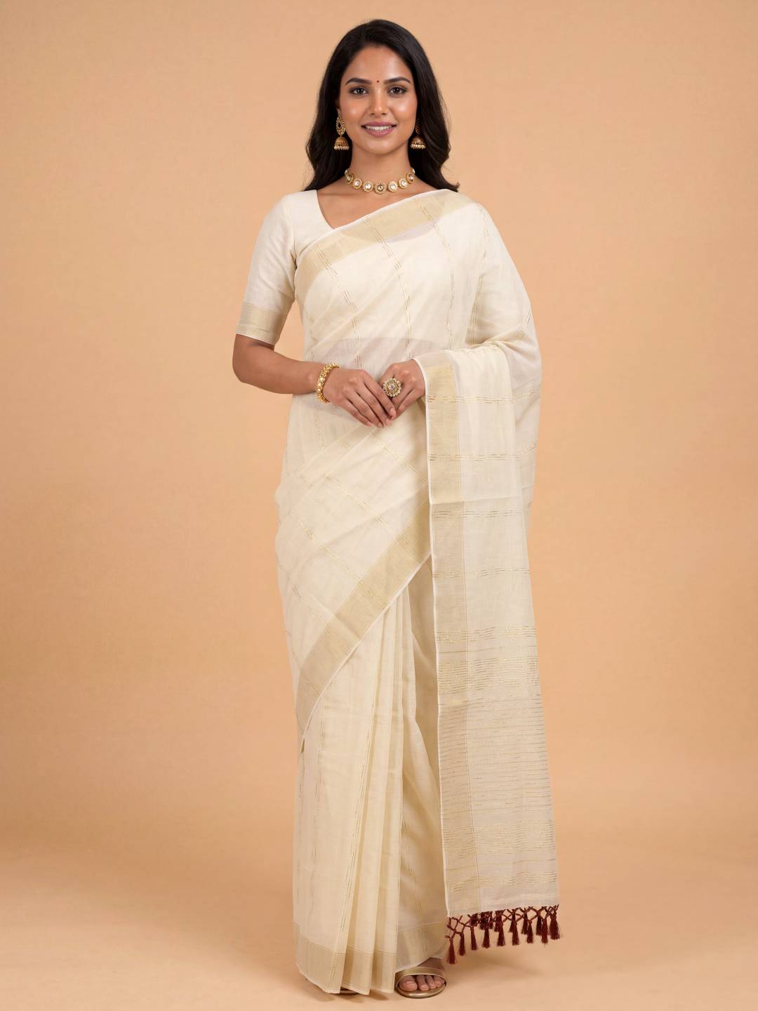 Women Kora Cotton Cream Kerala Saree with Gold Jari KLS54