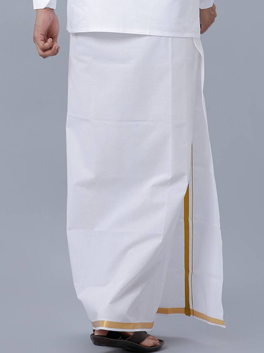 Mens Double Dhoti White with Gold Jari 3/4" Goldsmith-Back view