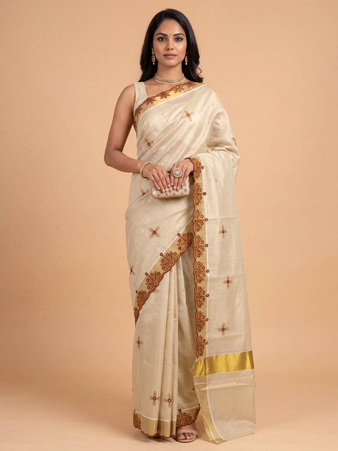 Women Tissue Embroidered with Mirror Scallop Work Saree KLS58
