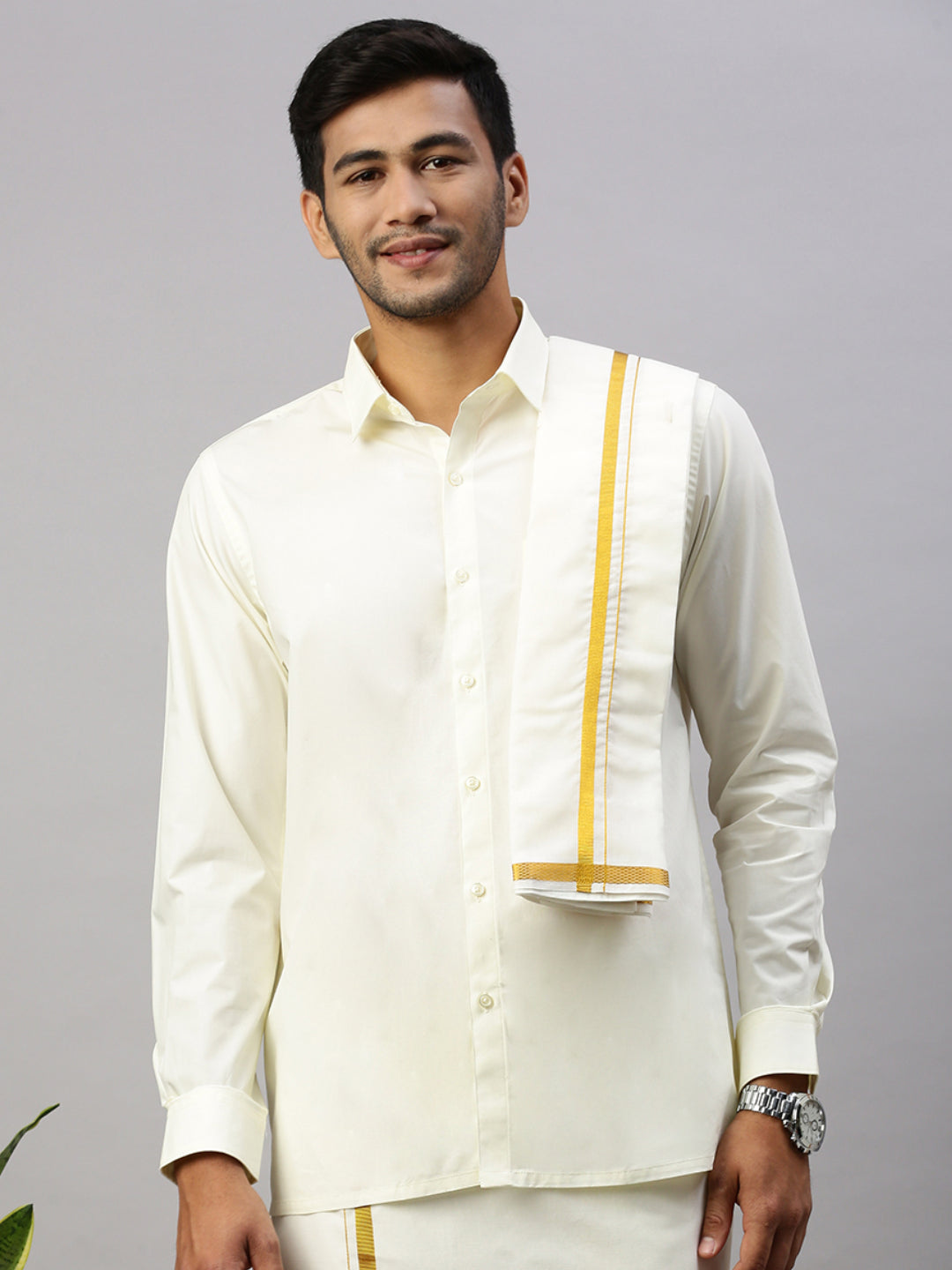 Men Full Sleeves Cream Shirt with Gold Jari 3/4" inch Double Dhoti,Towel Combo