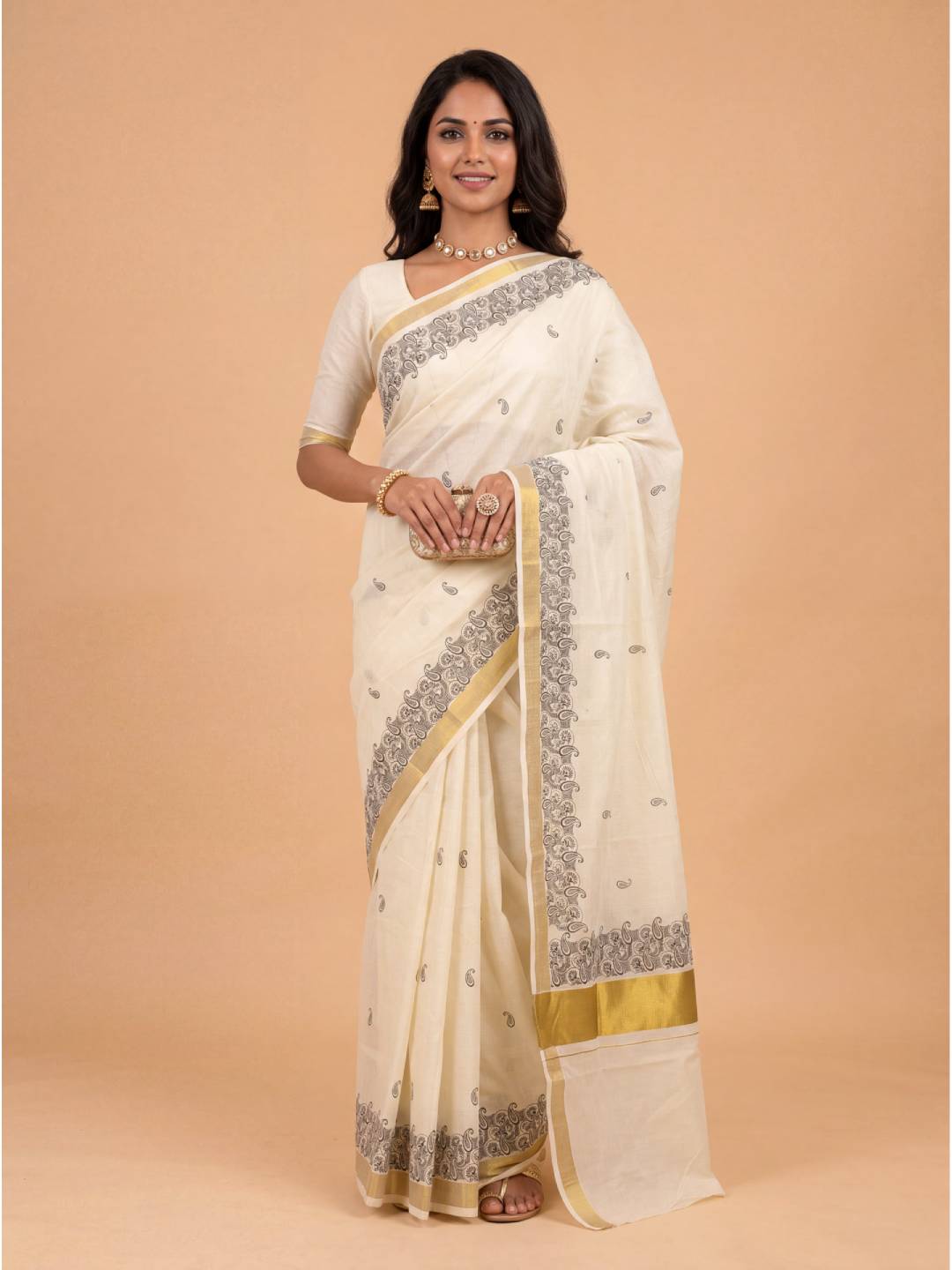 Women Kora Cotton Cream Kerala Printed Saree with Gold Jari KLS55