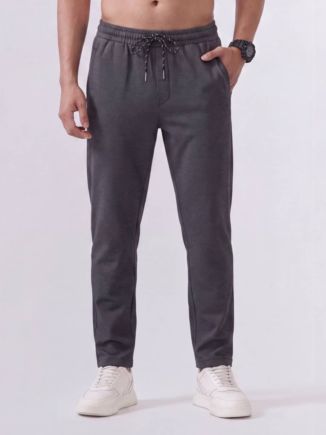 Cotton Rich Regular Fit Charcoal Melange Popcorn Track Pant PTK4