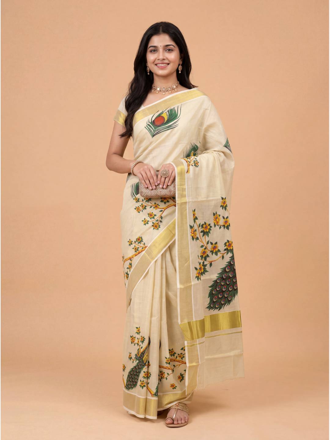 Women Tissue Peacock Printed Gold Saree KLS30