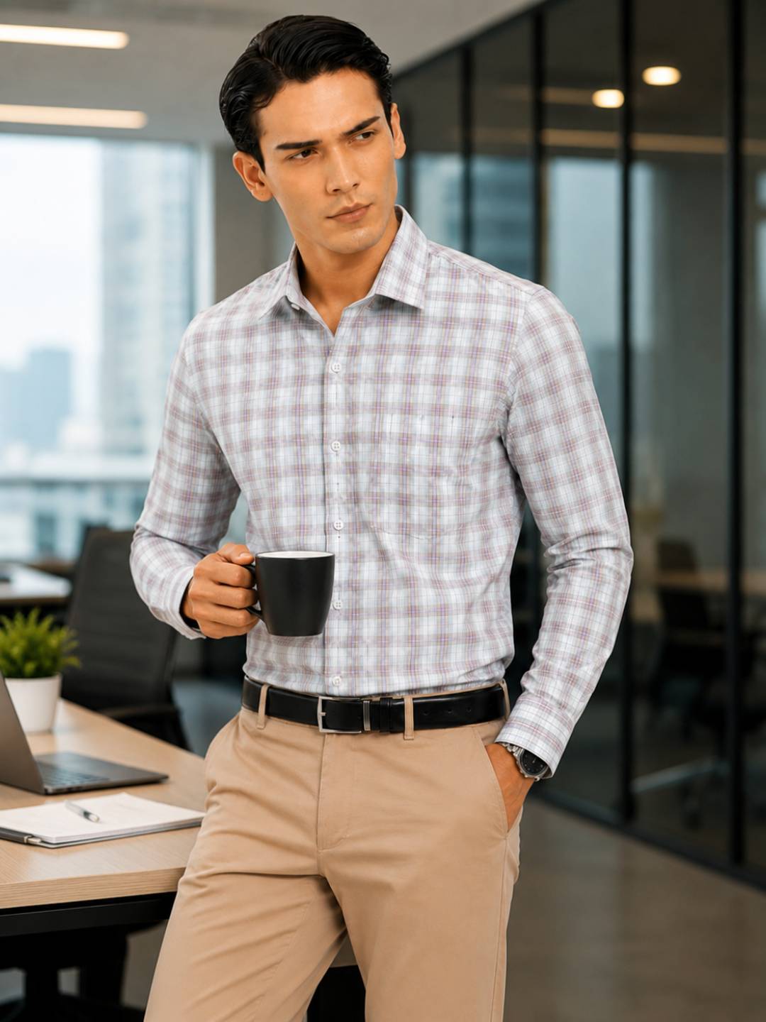 Cotton Dobby Grey with Purple Checked Regular Fit Shirt SRBJ6