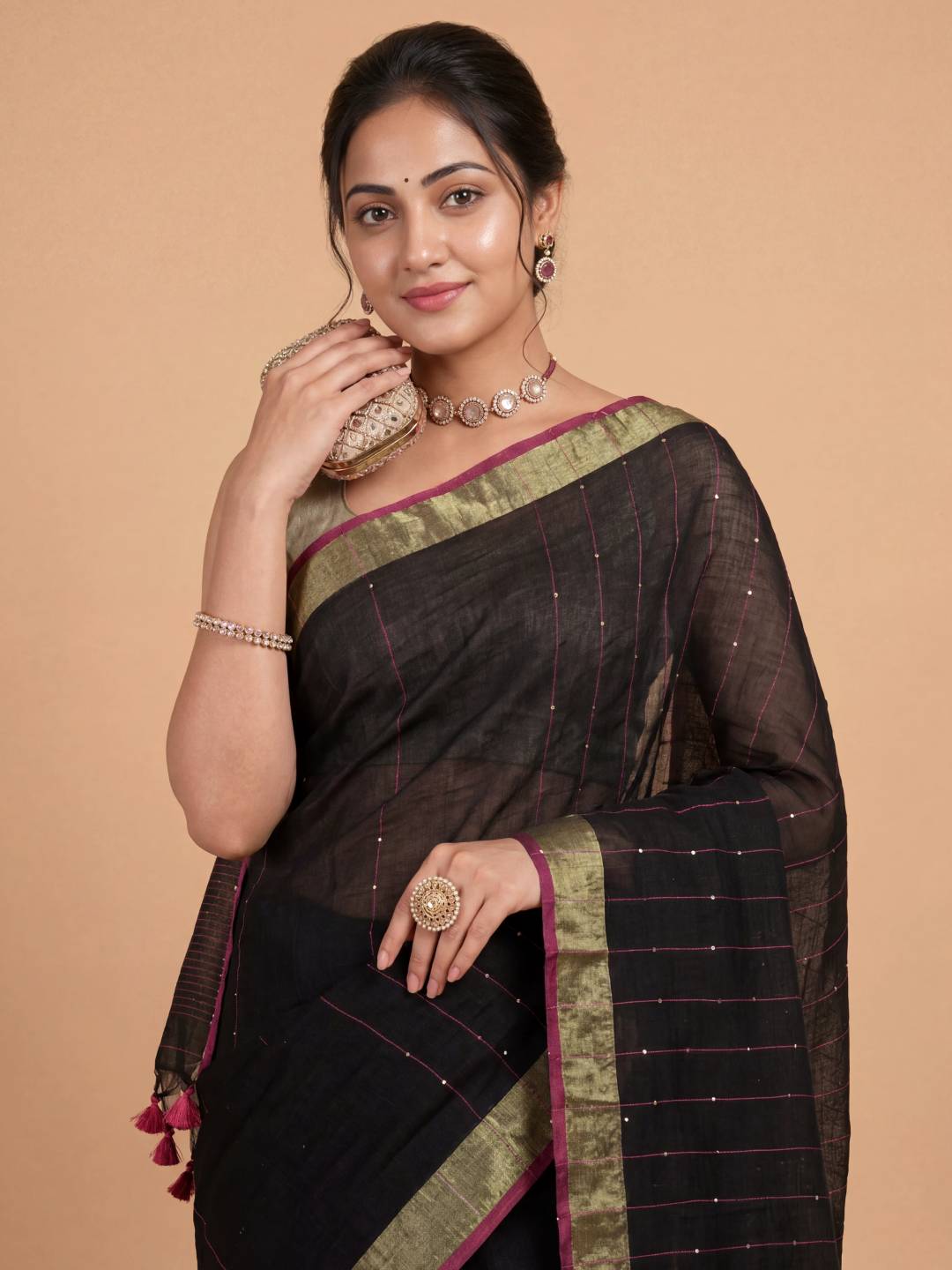 Women Semi Linen Black with Red Saree SL254