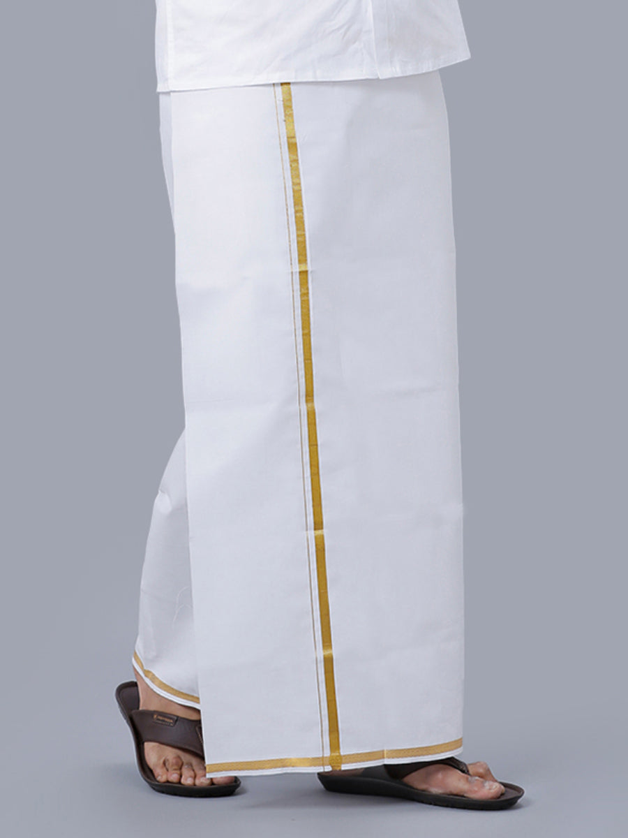 Mens Double Dhoti White with Gold Jari 1/2" Golden Heart-Side view