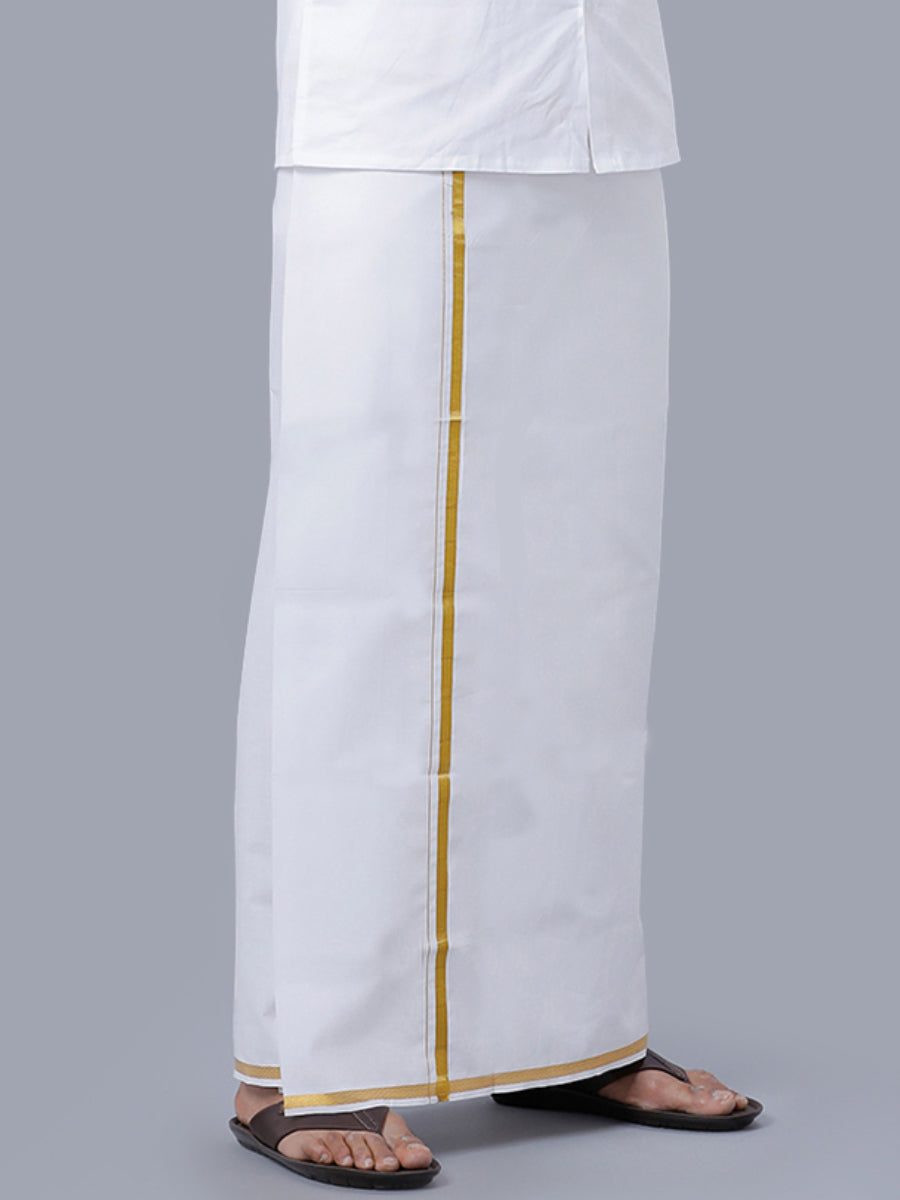 Mens Double Dhoti White with Gold Jari 1/2" Golden Heart-Front view