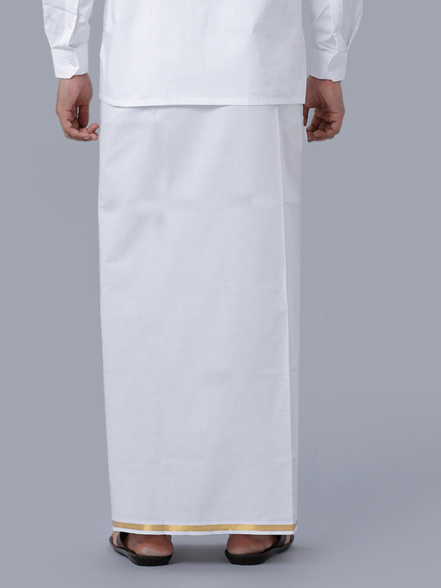 Mens Double Dhoti White with Gold Jari 1/2" Golden Heart-Back view