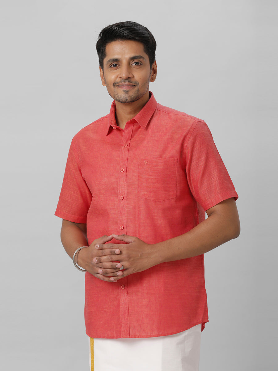 Mens Cotton Formal Red Half Sleeves Shirt T28 TD2-Front view
