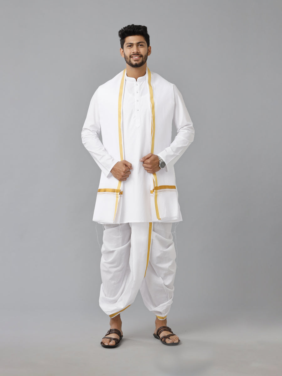 Mens Cotton White Kurta Readymade Elastic Panchakacham & Towel Set