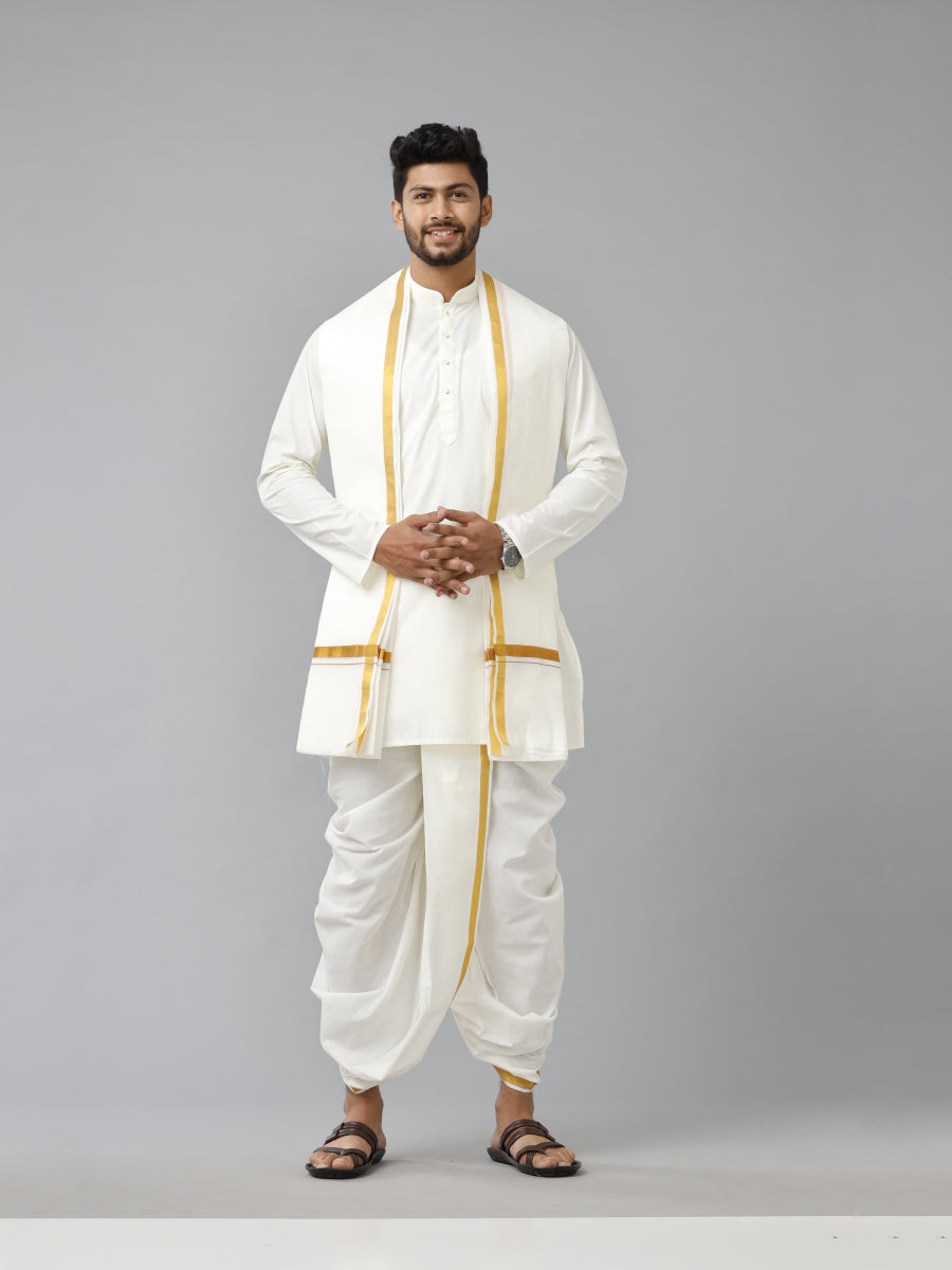 Mens Cream Medium Length Kurta Readymade Elastic Panchakacham & Towel Set