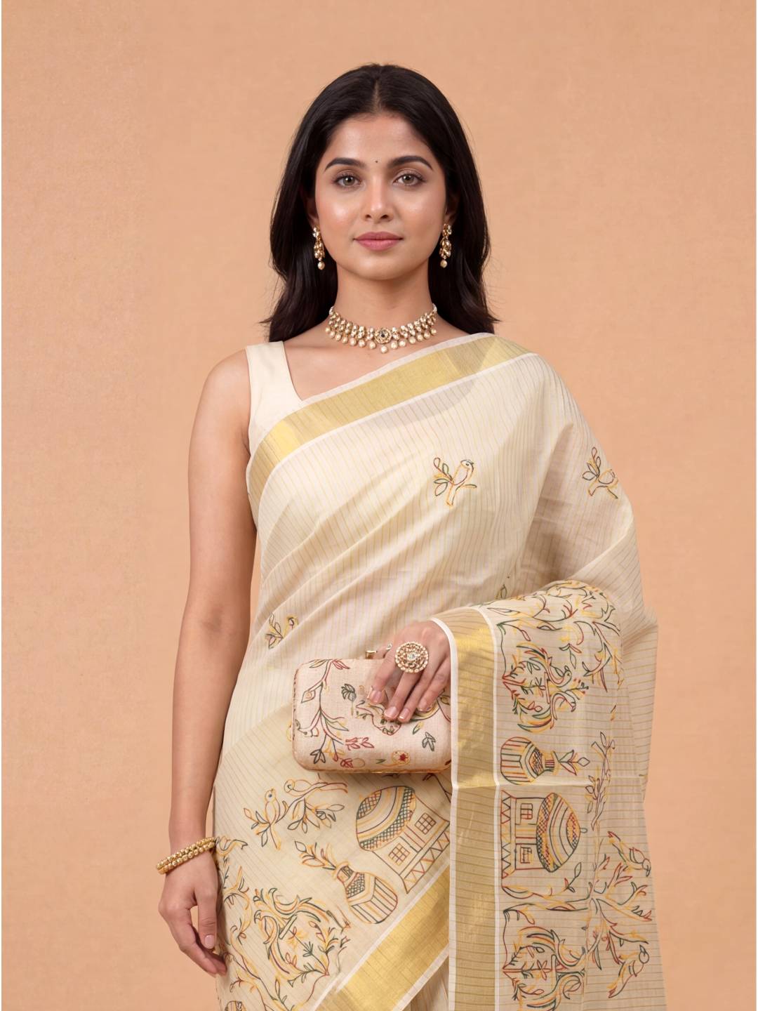 Women Tissue Embroidered with Gold Jari Border Saree KLS29