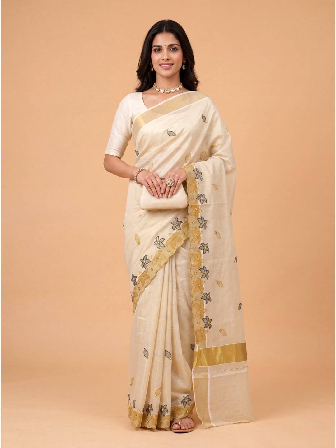 Women Tissue Gold Embroidered Saree KLS48