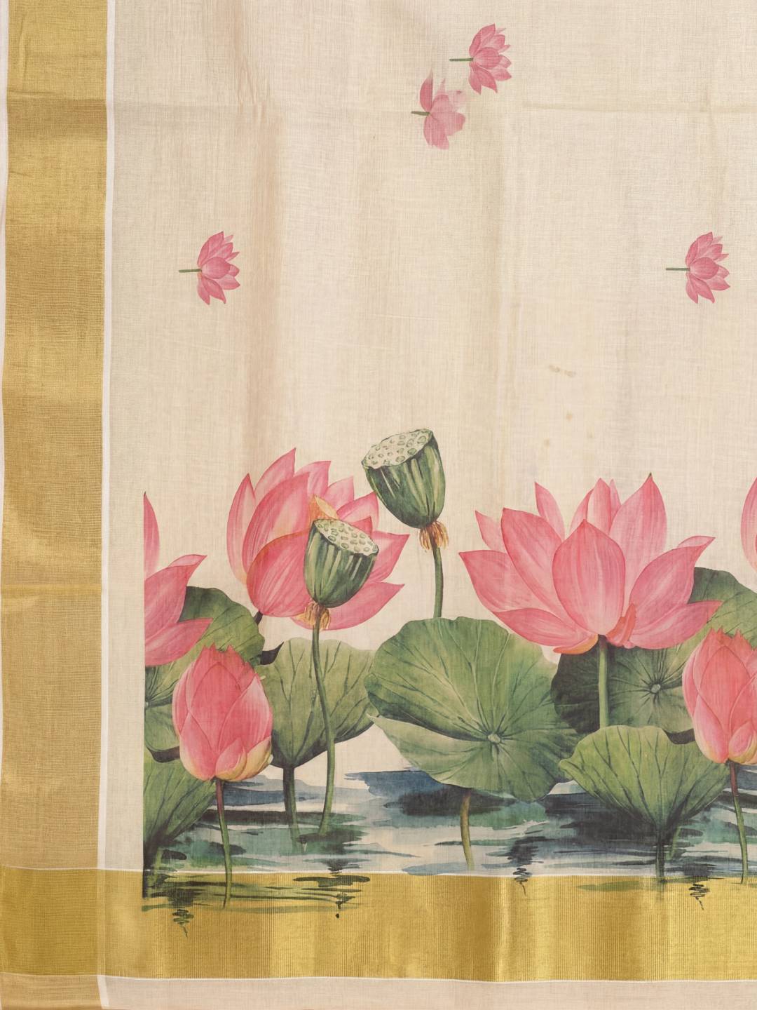 Women Tissue Cream Floral Printed Kerala Saree KLS10
